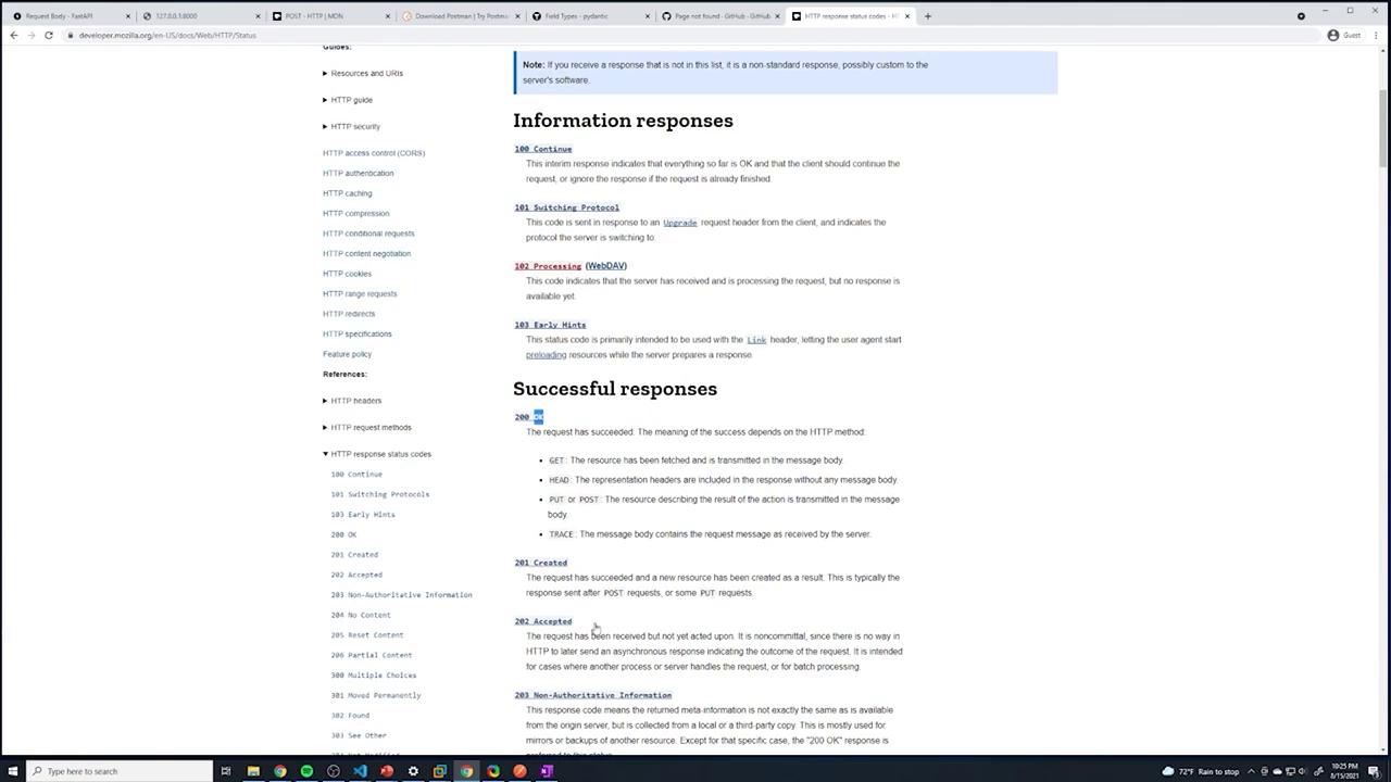 The image shows a webpage from the Mozilla Developer Network (MDN) detailing HTTP response status codes, including sections on information and successful responses.