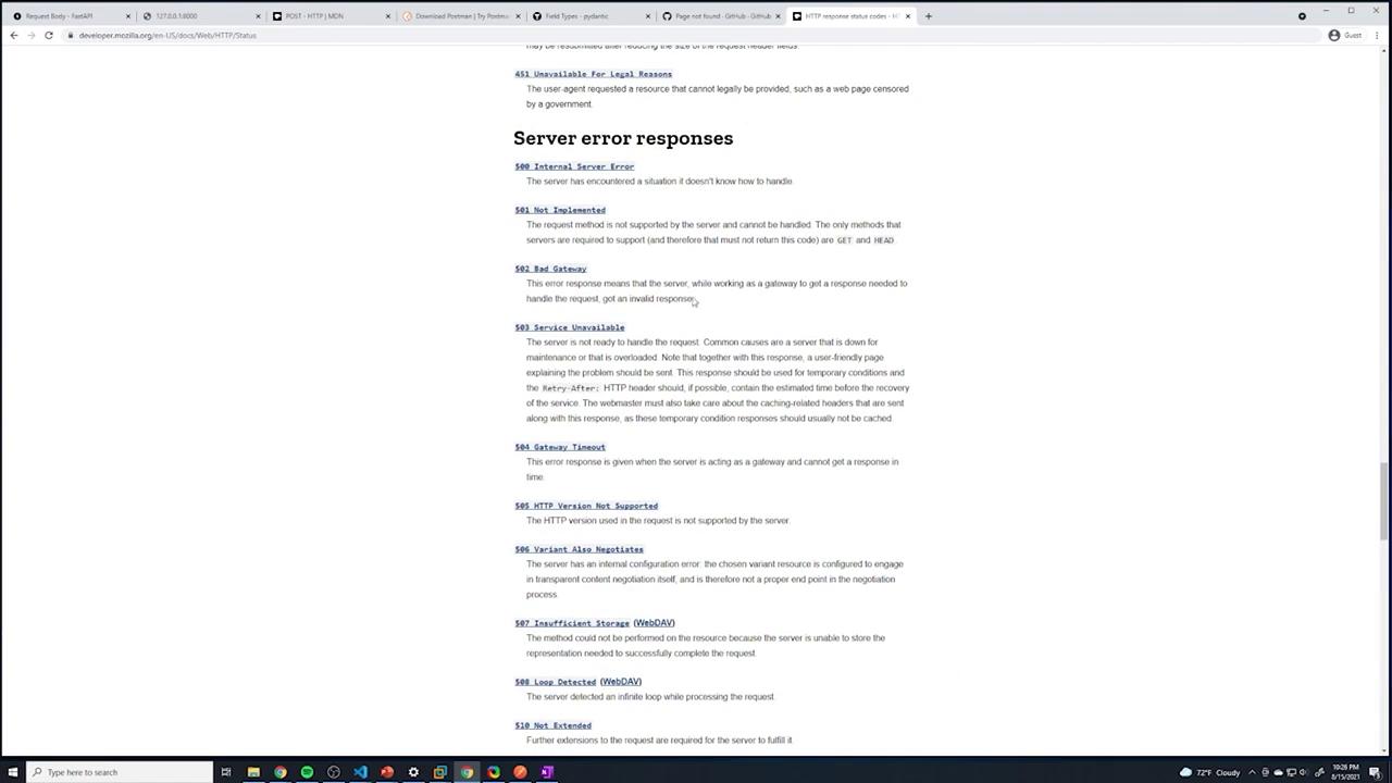 The image shows a webpage from Mozilla Developer Network (MDN) detailing various HTTP server error responses, including descriptions of error codes like 500, 501, 502, and others.