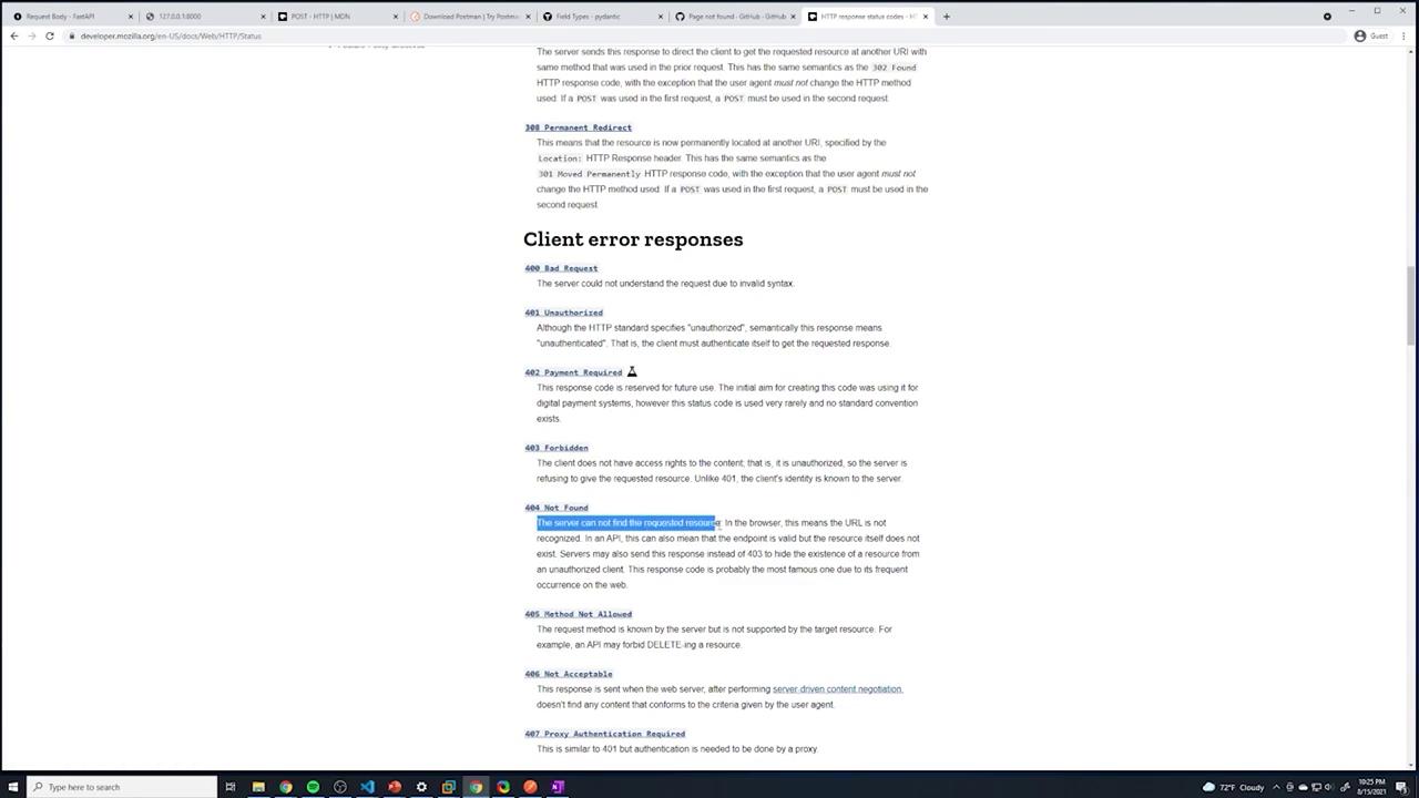 The image shows a webpage from the Mozilla Developer Network (MDN) detailing HTTP status codes, specifically focusing on client error responses like "404 Not Found."