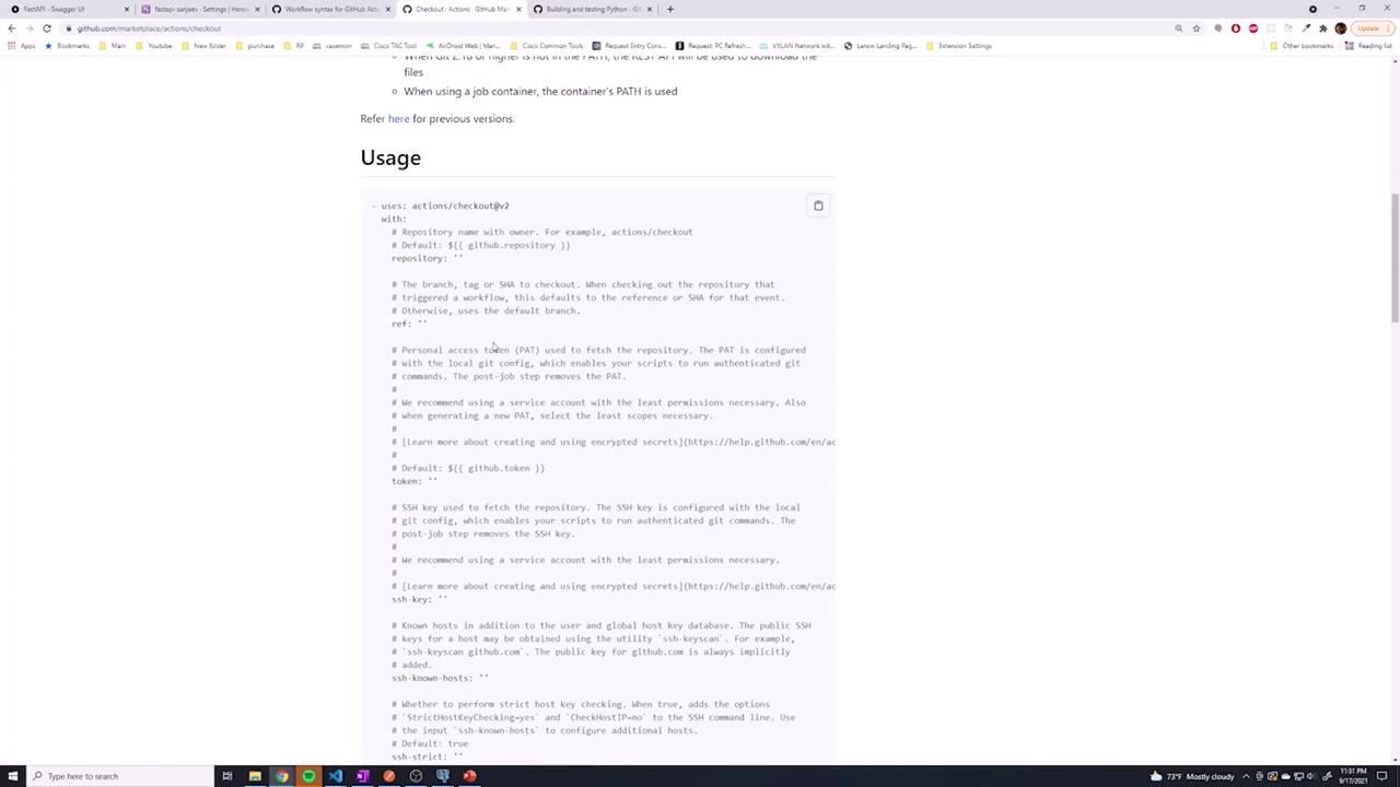The image shows a GitHub page detailing the usage instructions for the "actions/checkout" action, including configuration options like repository, branch, and personal access token. The browser window displays multiple open tabs and a visible taskbar at the bottom.