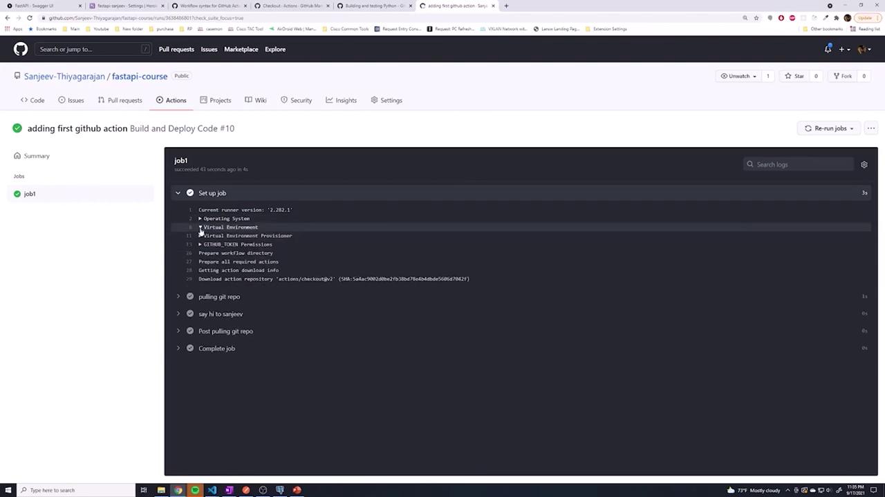 The image shows a GitHub Actions interface with a job log for a workflow titled "adding first github action Build and Deploy Code #10." The log details various steps such as setting up the job, pulling the git repository, and completing the job.