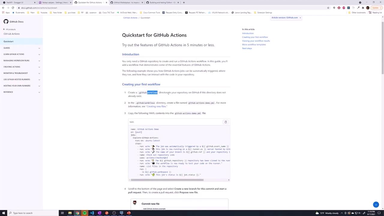 The image shows a webpage from GitHub Docs titled "Quickstart for GitHub Actions," providing instructions on creating a workflow with a sample YAML code snippet. The page includes a sidebar with navigation links related to GitHub Actions.