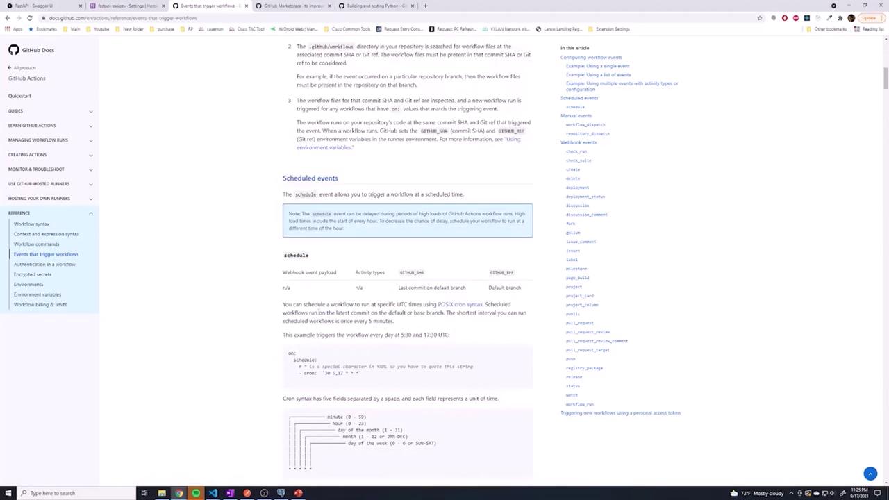 The image shows a GitHub documentation page about triggering workflows with scheduled events, including details on using cron syntax.