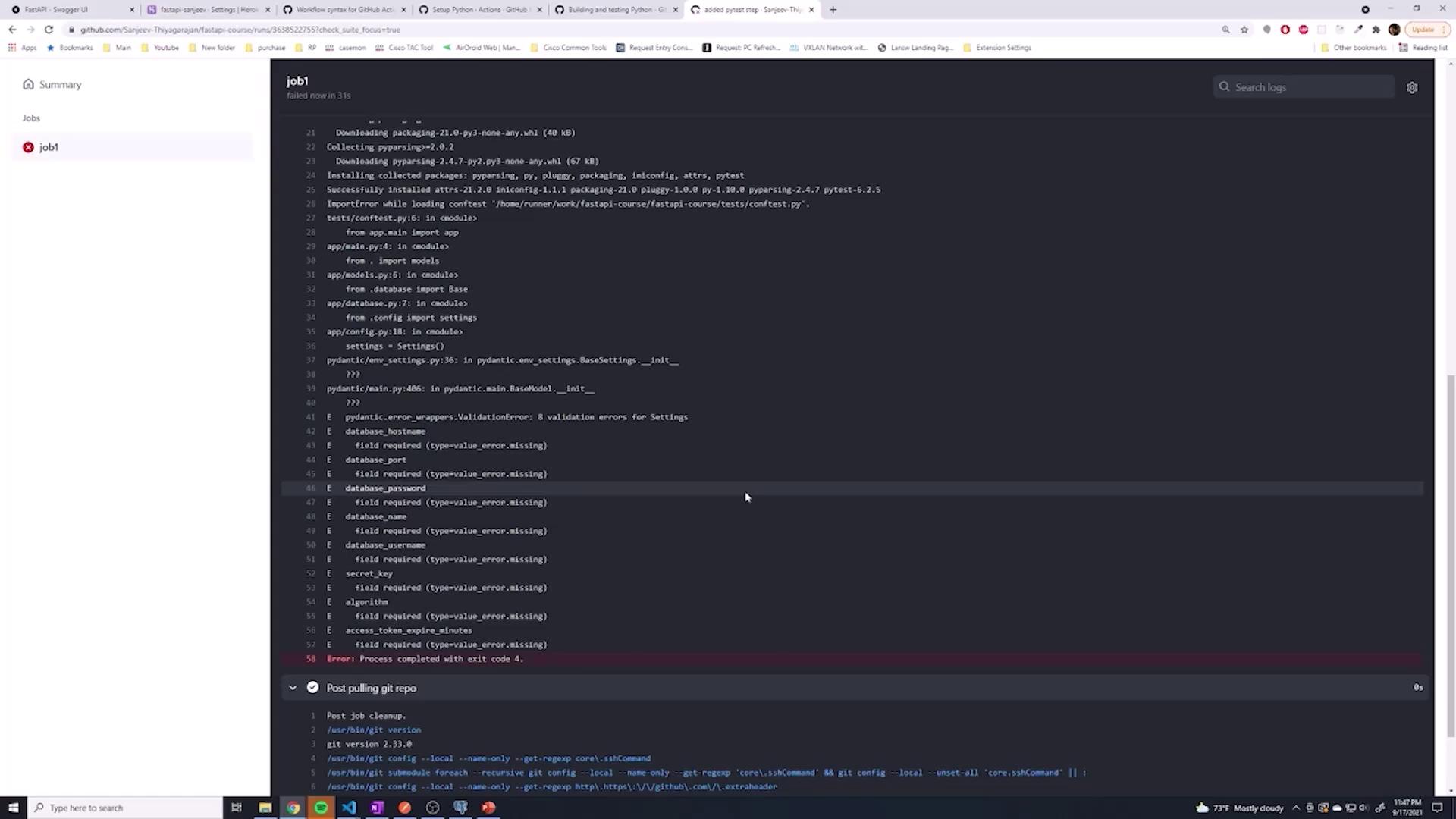 The image shows a computer screen displaying a GitHub Actions log with error messages related to missing environment variables during a job run. The left side of the screen shows a navigation pane with a job labeled "job1."