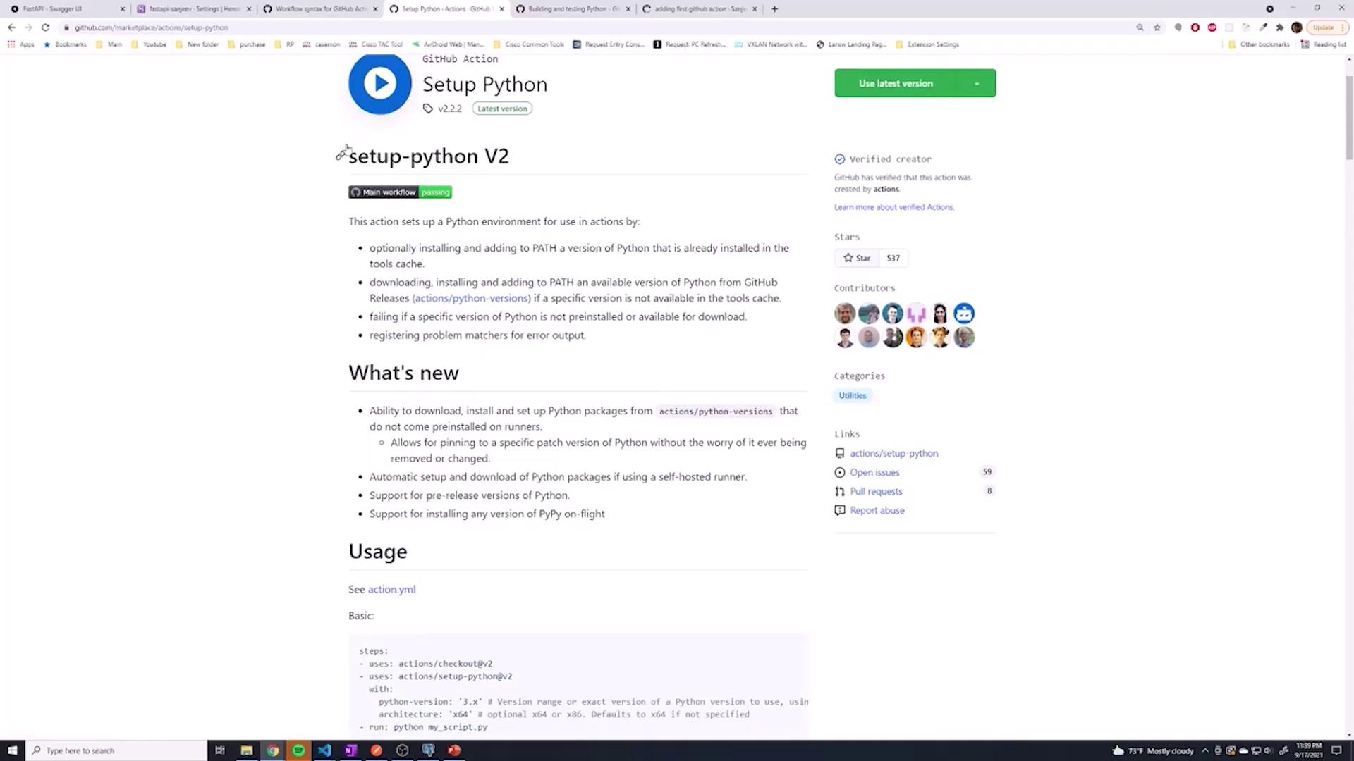 The image shows a GitHub page for "Setup Python," detailing a GitHub Action for setting up a Python environment, including features and usage instructions.