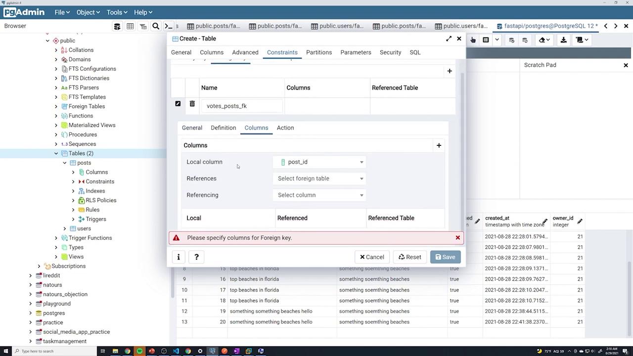 The image shows a pgAdmin interface where a user is attempting to create a foreign key constraint in a PostgreSQL database table. An error message indicates that columns for the foreign key need to be specified.