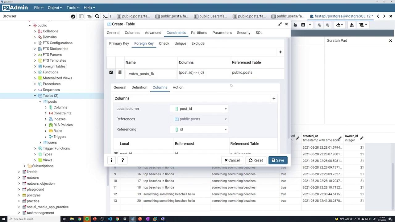 The image shows a pgAdmin interface with a table creation window open, focusing on setting a foreign key constraint for a database table. The left panel displays a database schema with tables and other database objects.