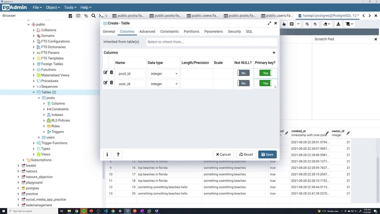 The image shows a pgAdmin interface where a table is being created with columns for "post_id" and "user_id," both set as integers and primary keys. The interface includes a database schema with tables and other database objects visible on the left.