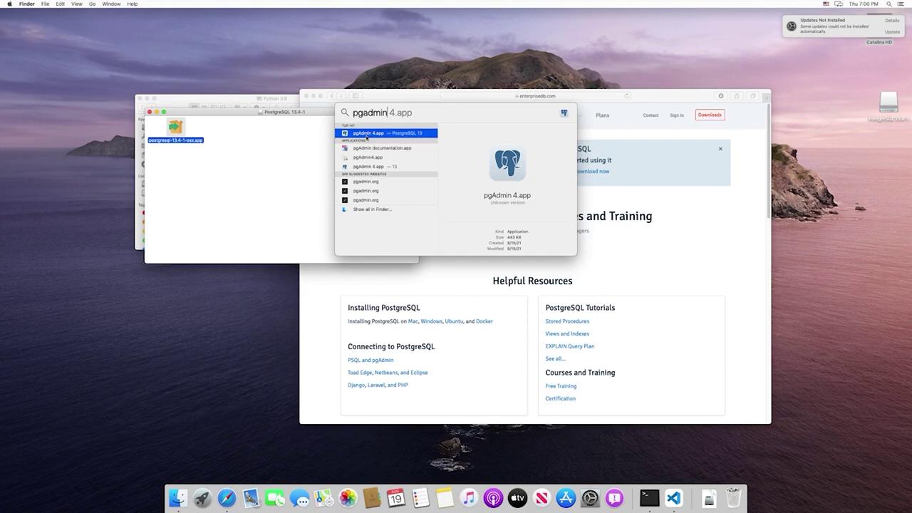 The image shows a Mac desktop with multiple windows open, including a search for "pgAdmin 4.app" and a webpage about PostgreSQL resources.