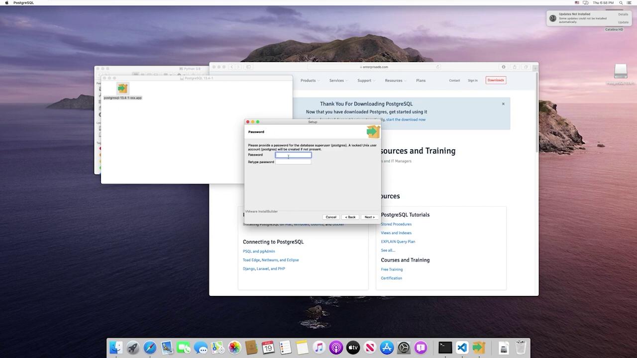 The image shows a macOS desktop with a PostgreSQL installation process in progress, including a password setup window and a browser page with PostgreSQL resources.