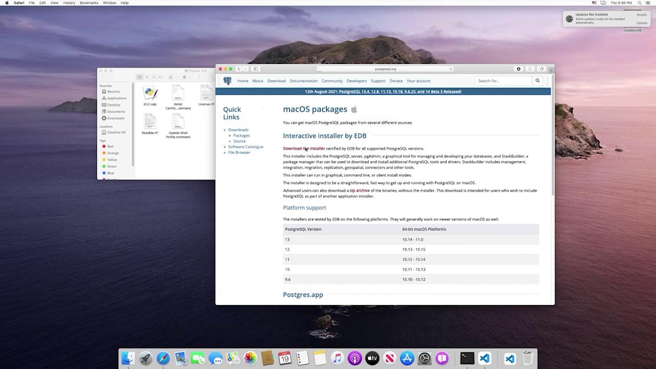 The image shows a macOS desktop with a Safari browser window open to a PostgreSQL download page and a Finder window displaying Python-related files.