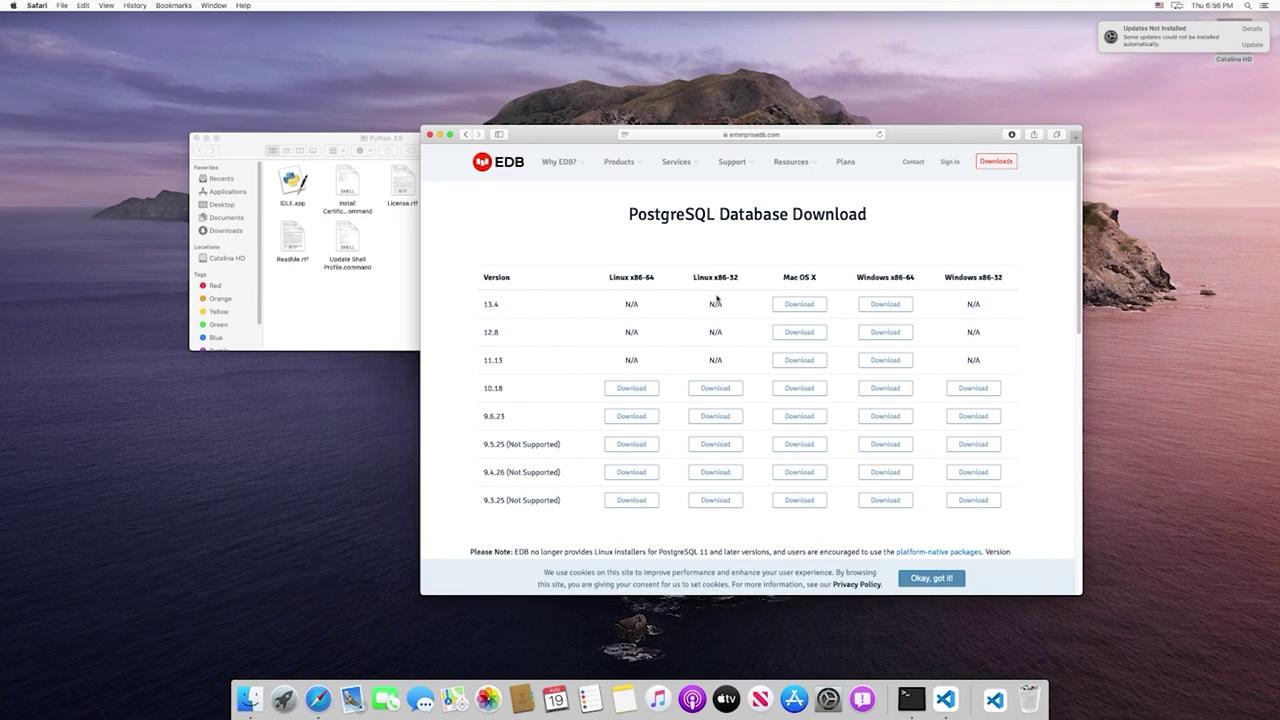 The image shows a computer desktop with a web browser open to a PostgreSQL database download page, alongside a file explorer window displaying Python-related files.
