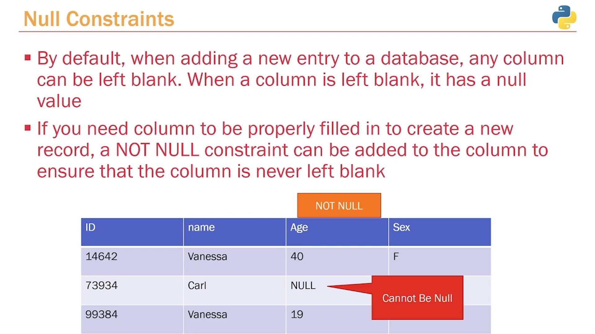The image explains null constraints in databases, highlighting that columns can be left blank by default, resulting in a null value, and that a NOT NULL constraint ensures a column is never left blank. It includes a table example showing a null value in the "Age" column.