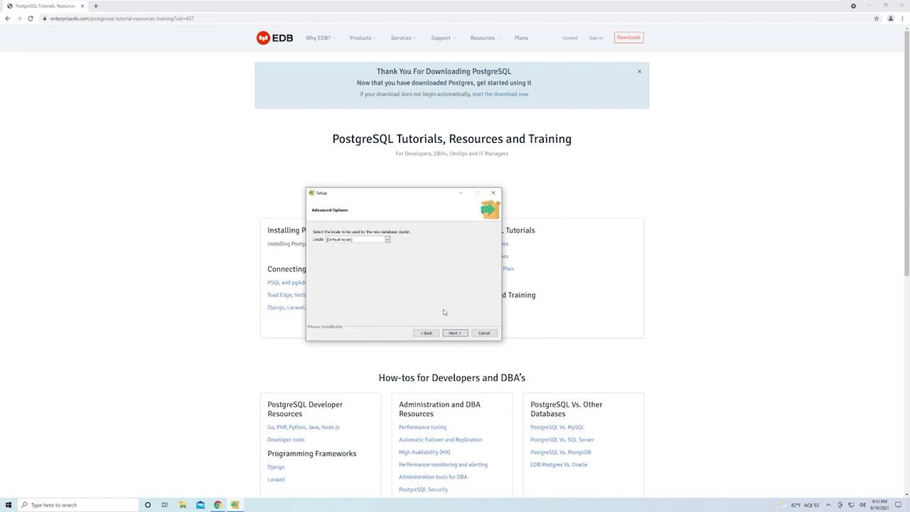 The image shows a webpage from EDB with PostgreSQL tutorials and resources, and a setup window for PostgreSQL installation is open in the foreground.