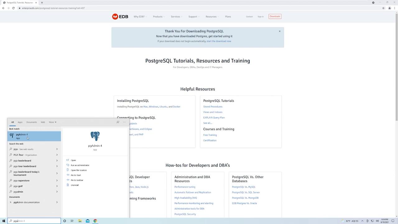 The image shows a webpage from EDB offering PostgreSQL tutorials, resources, and training, with a Windows start menu open displaying the pgAdmin 4 app.