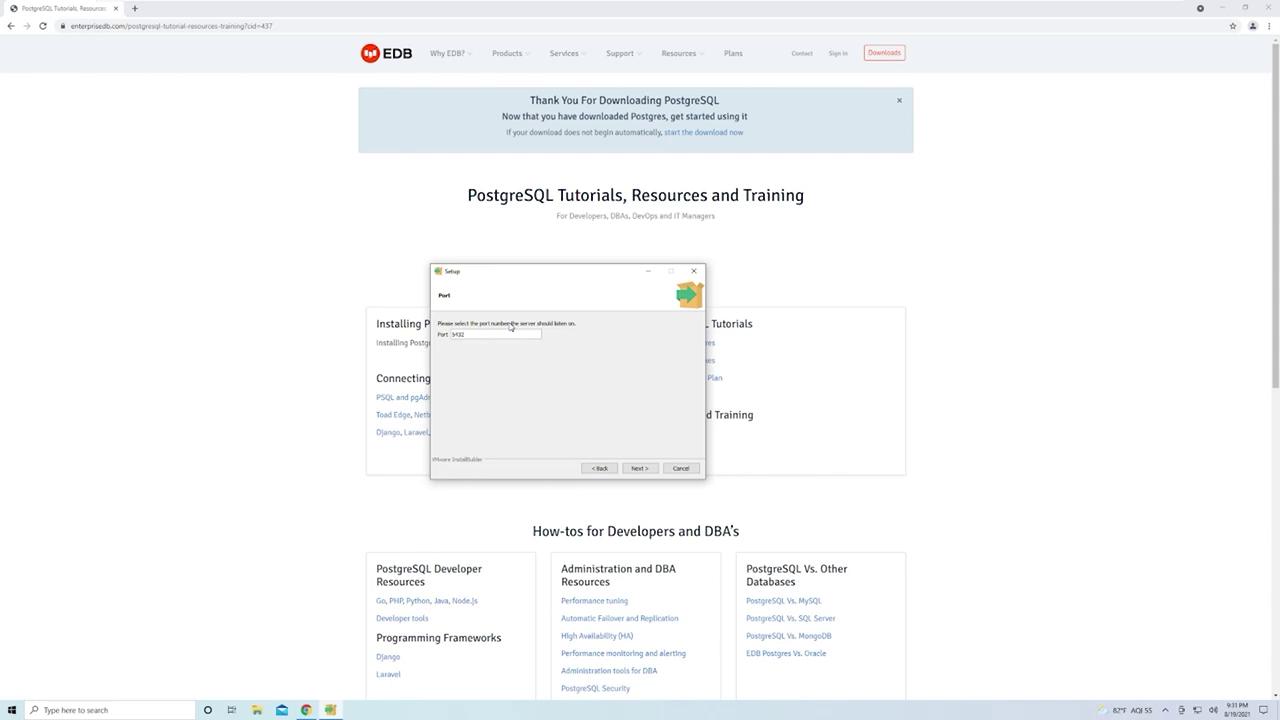The image shows a webpage from EDB with PostgreSQL tutorials and resources, and a setup window prompting for a port number during installation.
