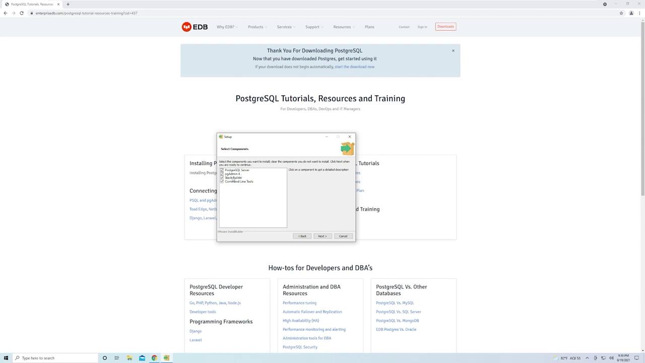 The image shows a webpage from EDB with PostgreSQL tutorials and resources, and a setup window for selecting components to install PostgreSQL.