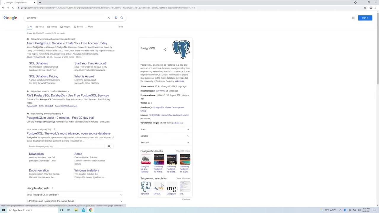 The image shows a Google search results page for "Postgres," featuring ads and a knowledge panel with information about PostgreSQL, including its description, release details, and related searches.