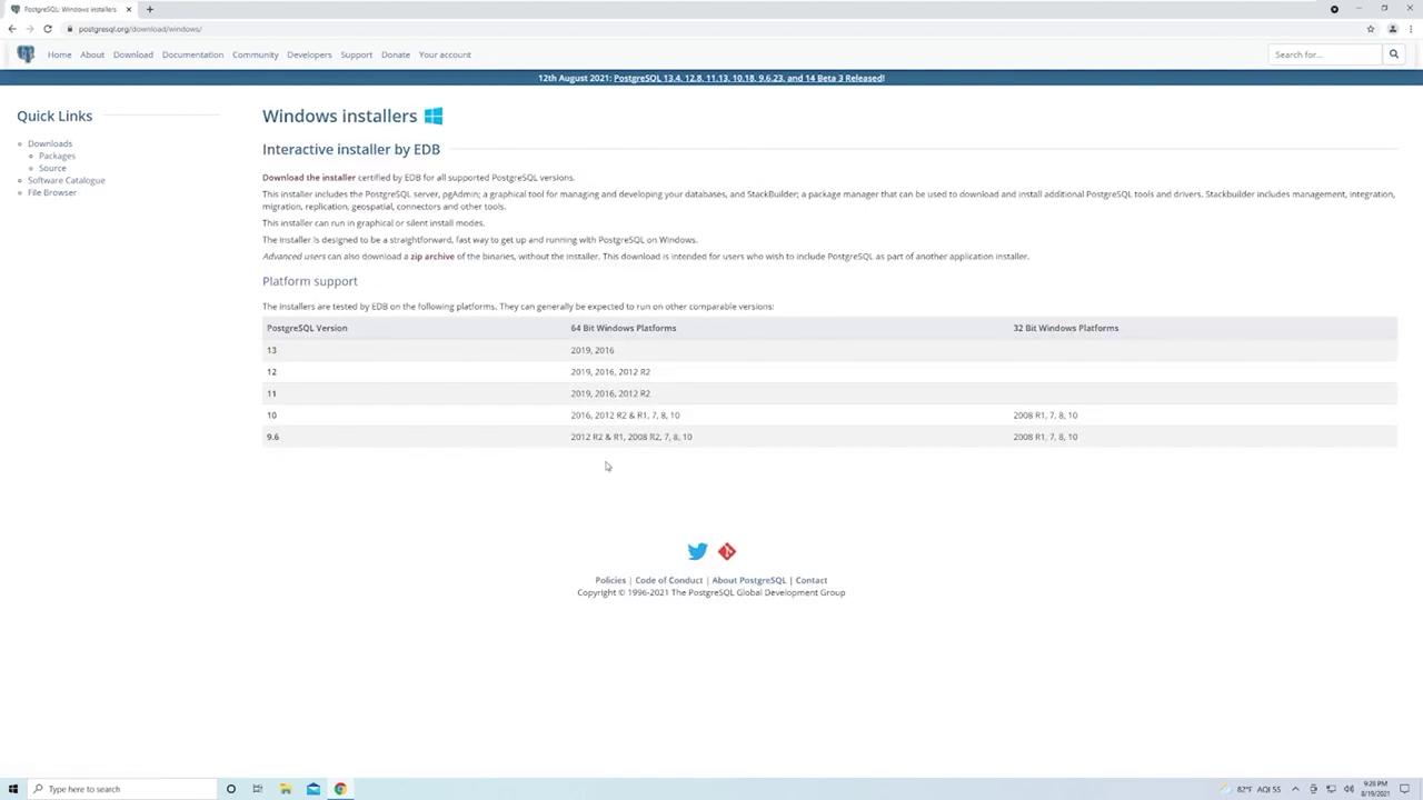 The image shows a webpage for downloading PostgreSQL Windows installers, detailing platform support for various PostgreSQL versions. It includes a table listing compatible Windows platforms for each version.