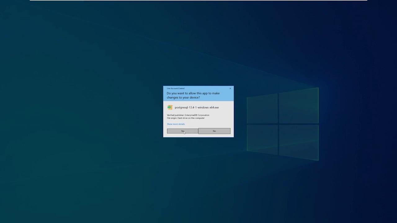 The image shows a Windows User Account Control prompt asking for permission to allow the app "postgresql-13.4-1-windows-x64.exe" to make changes to the device. The options "Yes" and "No" are available for selection.