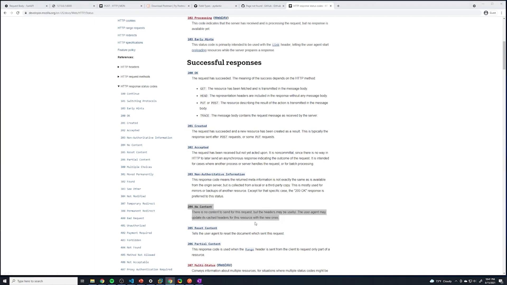 The image shows a webpage from the Mozilla Developer Network (MDN) documentation, detailing HTTP response status codes, specifically focusing on successful responses like "200 OK" and "201 Created." The page includes descriptions and explanations of various status codes.