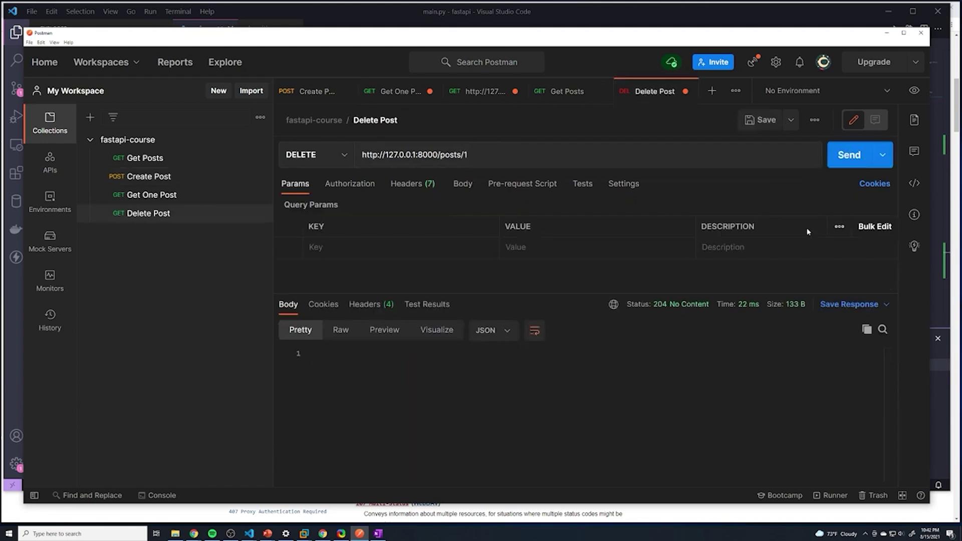 The image shows a Postman interface with a DELETE request to a local server endpoint. The response status is 204 No Content, indicating a successful request.