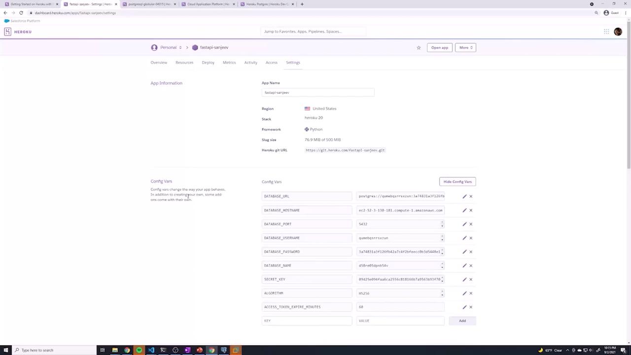 The image shows a Heroku dashboard for an app named "fastapi-sanjeev," displaying app information and configuration variables such as database URL, hostname, and secret key.