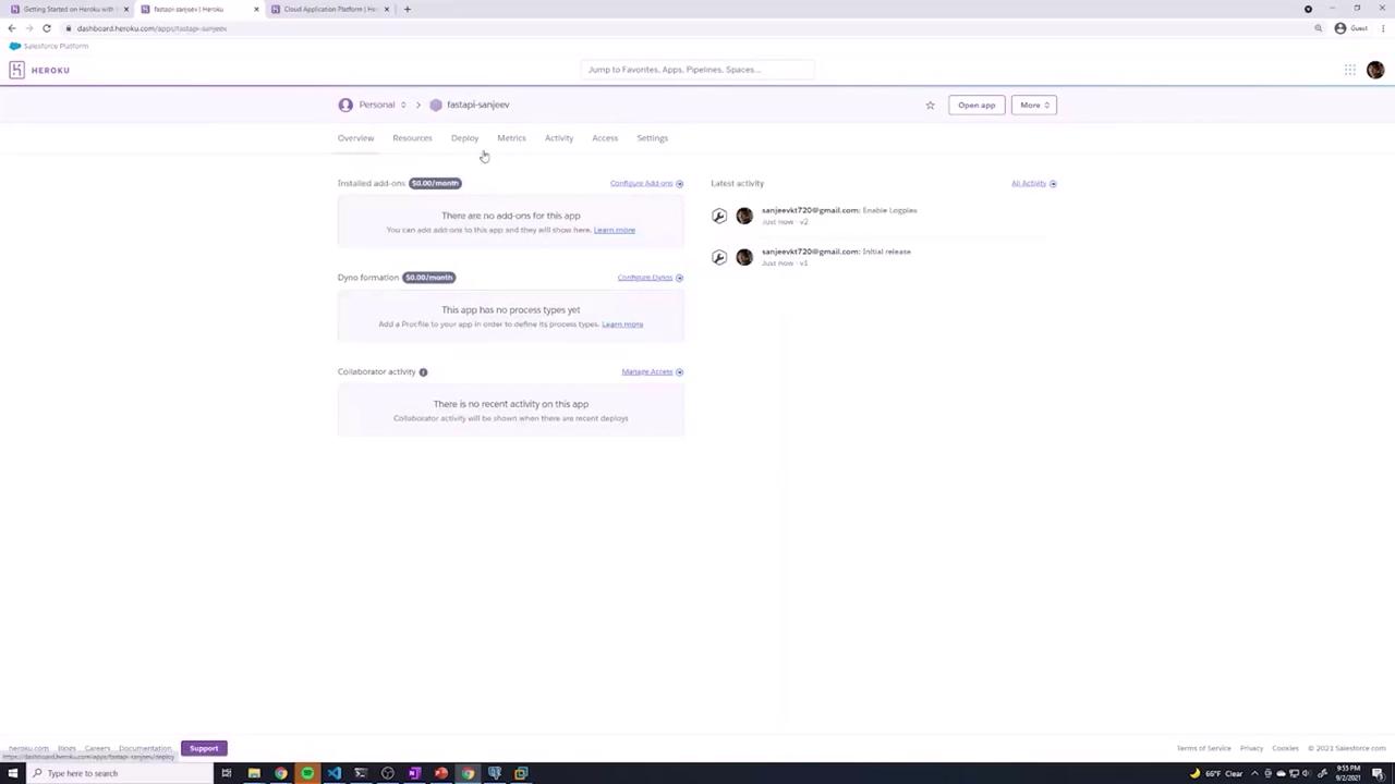 The image shows a Heroku dashboard for an app named "fastapi-sanjeev," displaying sections for resources, deployment, metrics, and activity, with no add-ons or recent activity.