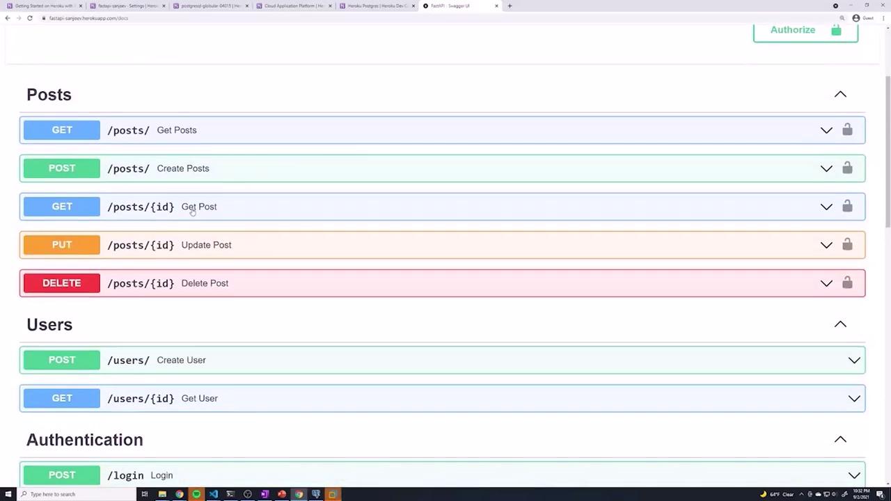 The image shows a Swagger UI interface displaying API endpoints for managing posts and users, including actions like GET, POST, PUT, and DELETE. It also includes an authentication section with a login endpoint.