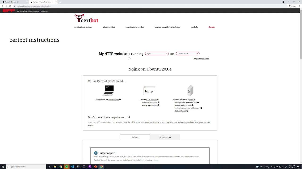 The image shows a webpage from Certbot, providing instructions for setting up HTTPS on an Nginx server running on Ubuntu 20.04. It includes requirements and support information for using Certbot.