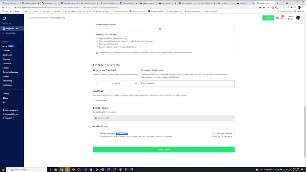 The image shows a DigitalOcean interface for creating a new Droplet, with options to set a root password, hostname, and project assignment. The user is in the process of finalizing the creation of a Droplet named "ubuntu-fastapi."