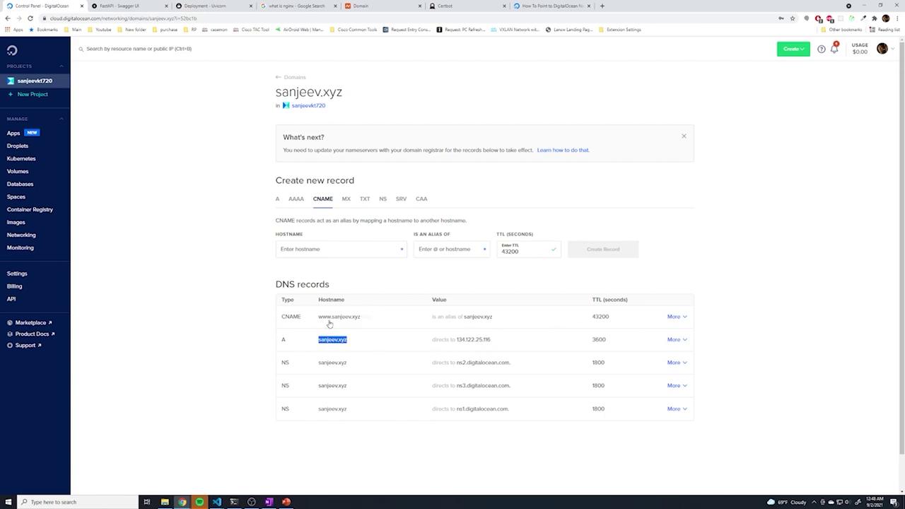 The image shows a DigitalOcean control panel displaying DNS records for the domain "sanjeev.xyz," including CNAME and A records. It also provides options to create new DNS records.