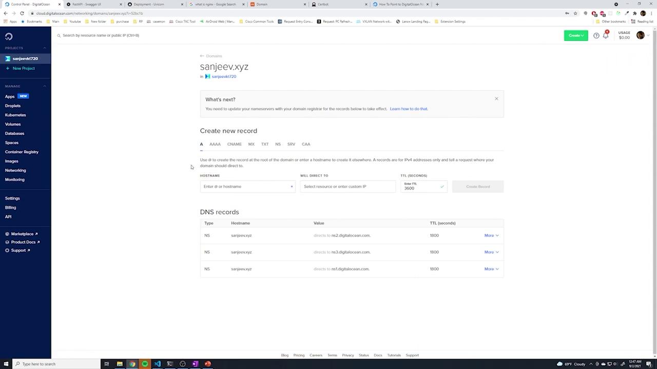 The image shows a DigitalOcean control panel for managing DNS settings of the domain "sanjeev.xyz," including options to create new records and view existing DNS records.