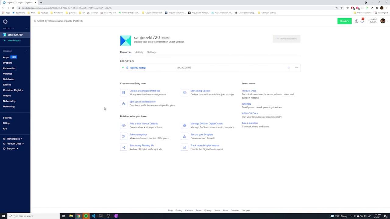 The image shows a DigitalOcean project dashboard with options to manage resources like droplets, databases, and spaces. It includes navigation menus and various options for creating and managing cloud infrastructure.