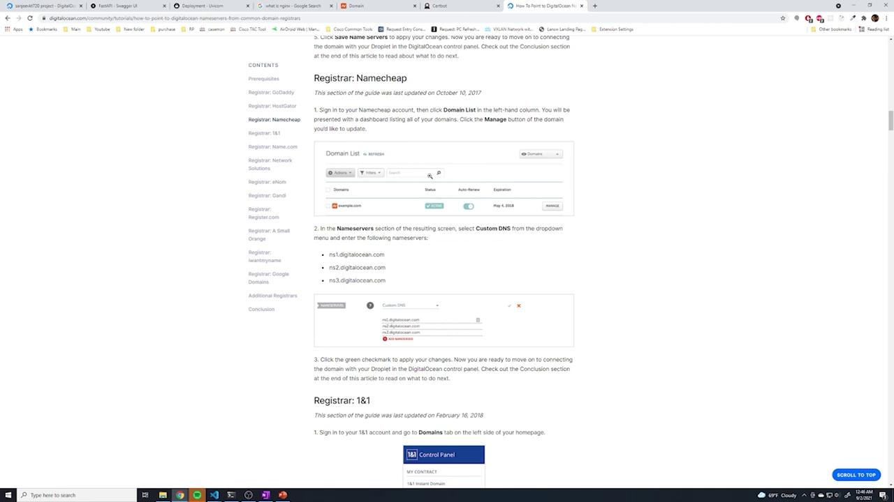 The image shows a webpage with instructions on how to configure domain name servers using Namecheap and 1&1 registrars. It includes screenshots of the interface and step-by-step guidance.