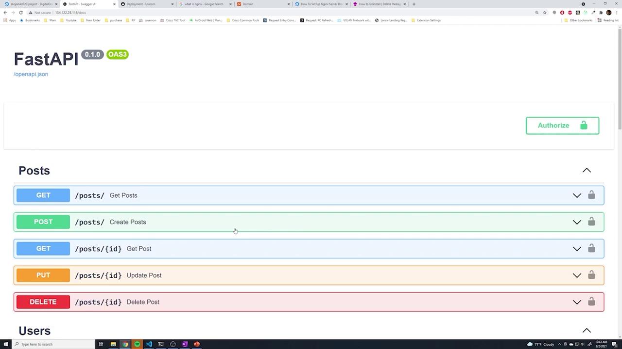 The image shows a FastAPI Swagger UI interface displaying various HTTP methods (GET, POST, PUT, DELETE) for managing posts. It includes options to get, create, update, and delete posts.
