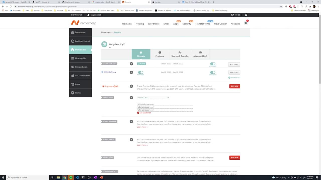 The image shows a Namecheap domain management dashboard for the domain "sanjeev.xyz," displaying options for domain status, privacy, DNS settings, and other domain-related features.