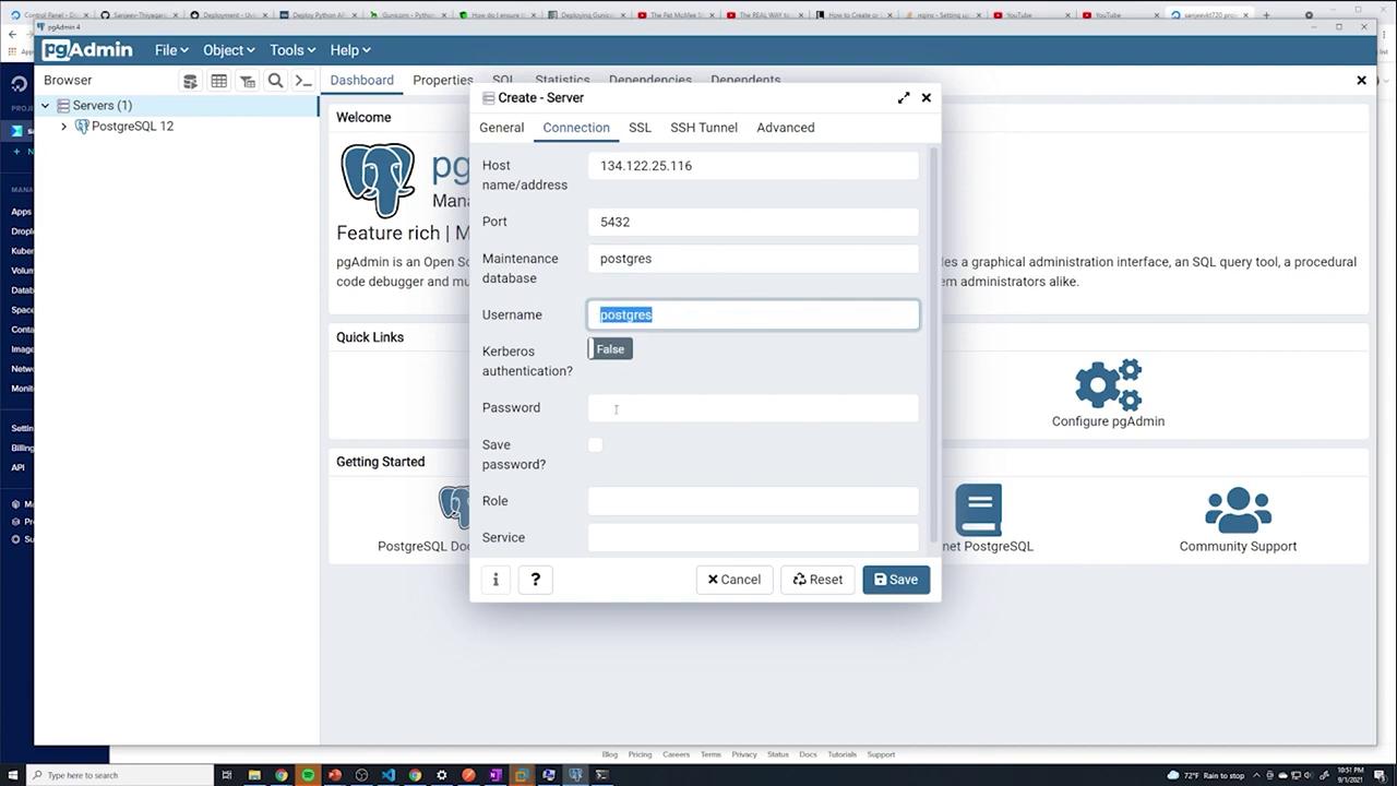 The image shows the pgAdmin interface with a "Create - Server" dialog open, where connection details for a PostgreSQL server are being configured.