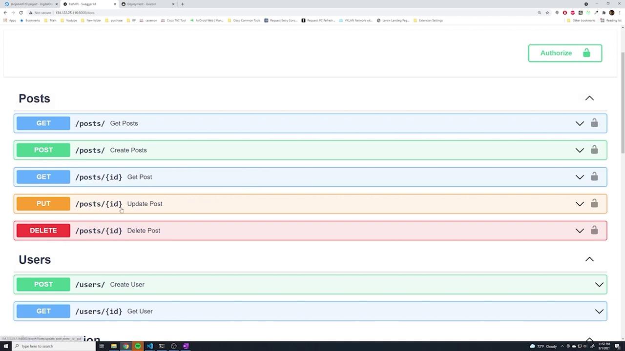 The image shows a Swagger UI interface displaying various API endpoints for managing posts and users, including GET, POST, PUT, and DELETE methods. Each endpoint is color-coded and includes options for creating, retrieving, updating, and deleting posts and users.