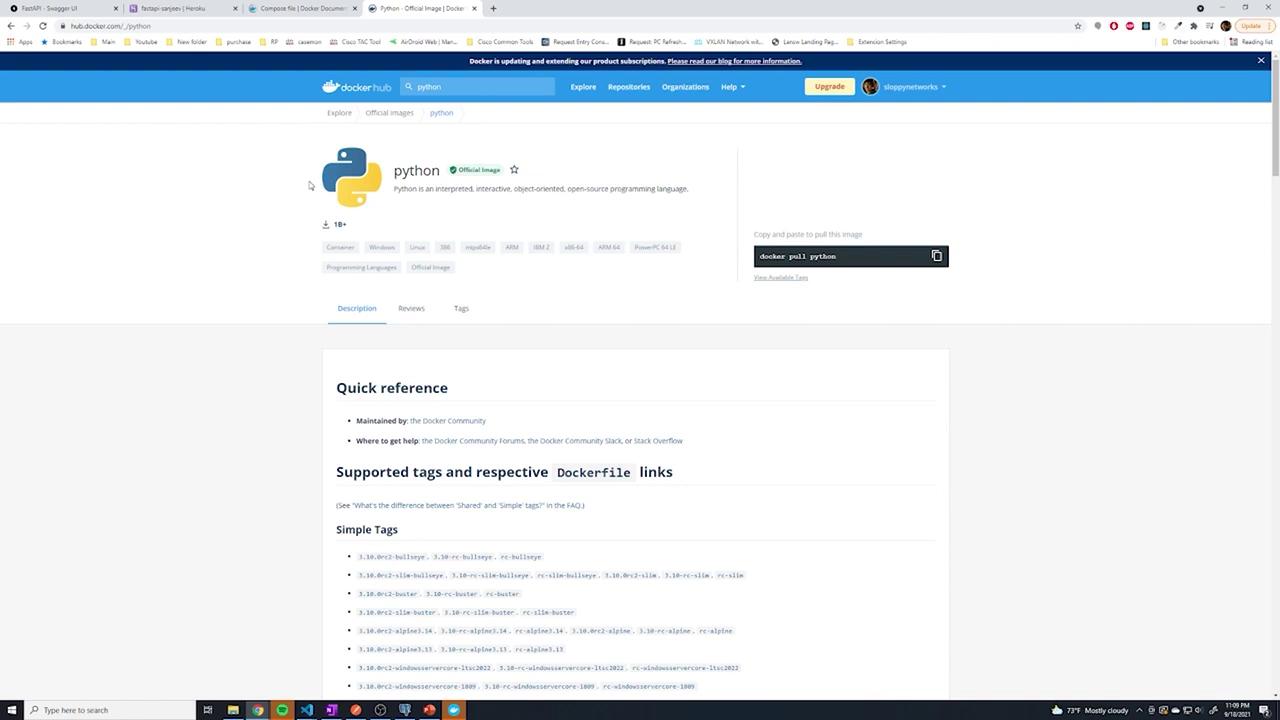 The image shows the Docker Hub page for the official Python image, including details like tags and Dockerfile links.