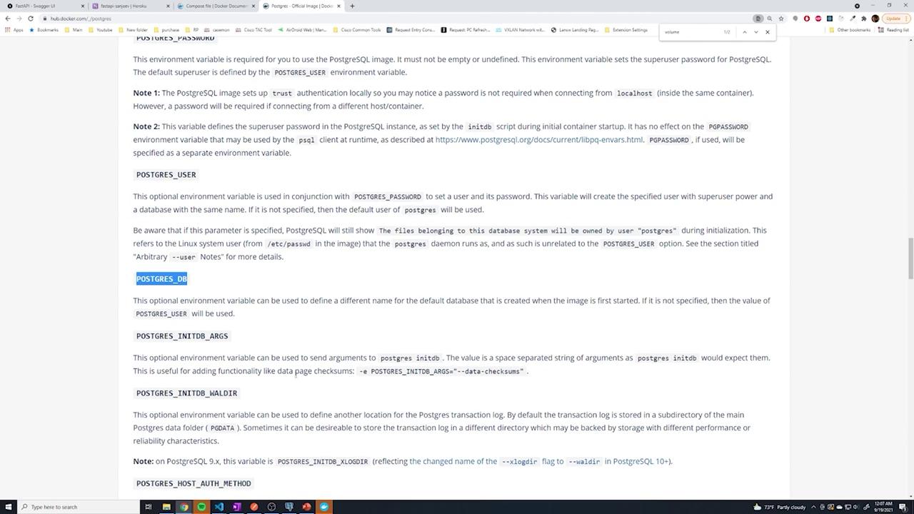 The image shows a webpage with documentation about PostgreSQL environment variables, detailing their usage and configuration.