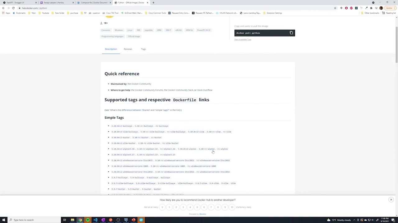 The image shows a webpage from Docker Hub displaying information about Python Docker images, including supported tags and respective Dockerfile links.