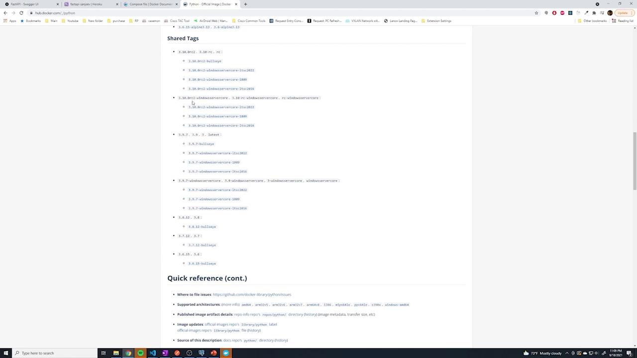 The image shows a webpage listing shared tags for Python Docker images, along with a quick reference section containing links and information about file issues, supported architectures, and image updates.