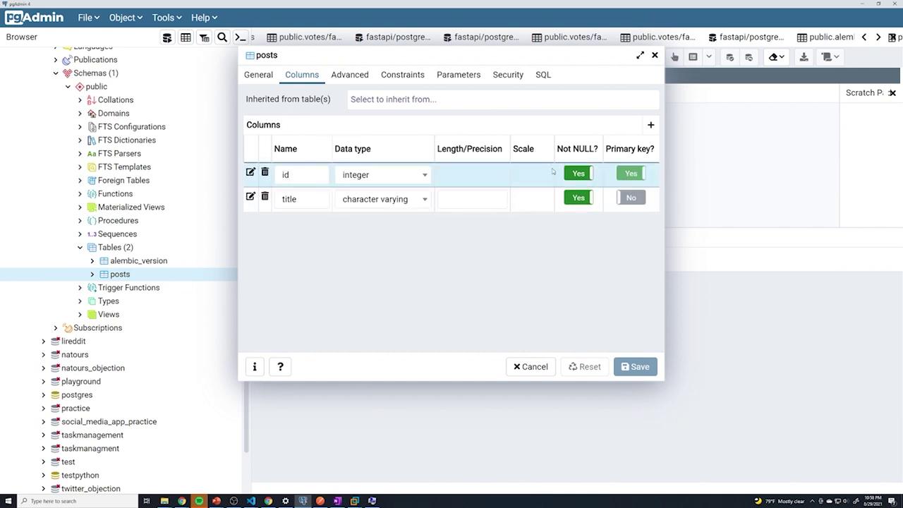 The image shows a pgAdmin interface with a table named "posts" being edited. It displays columns for "id" and "title" with their data types and constraints.