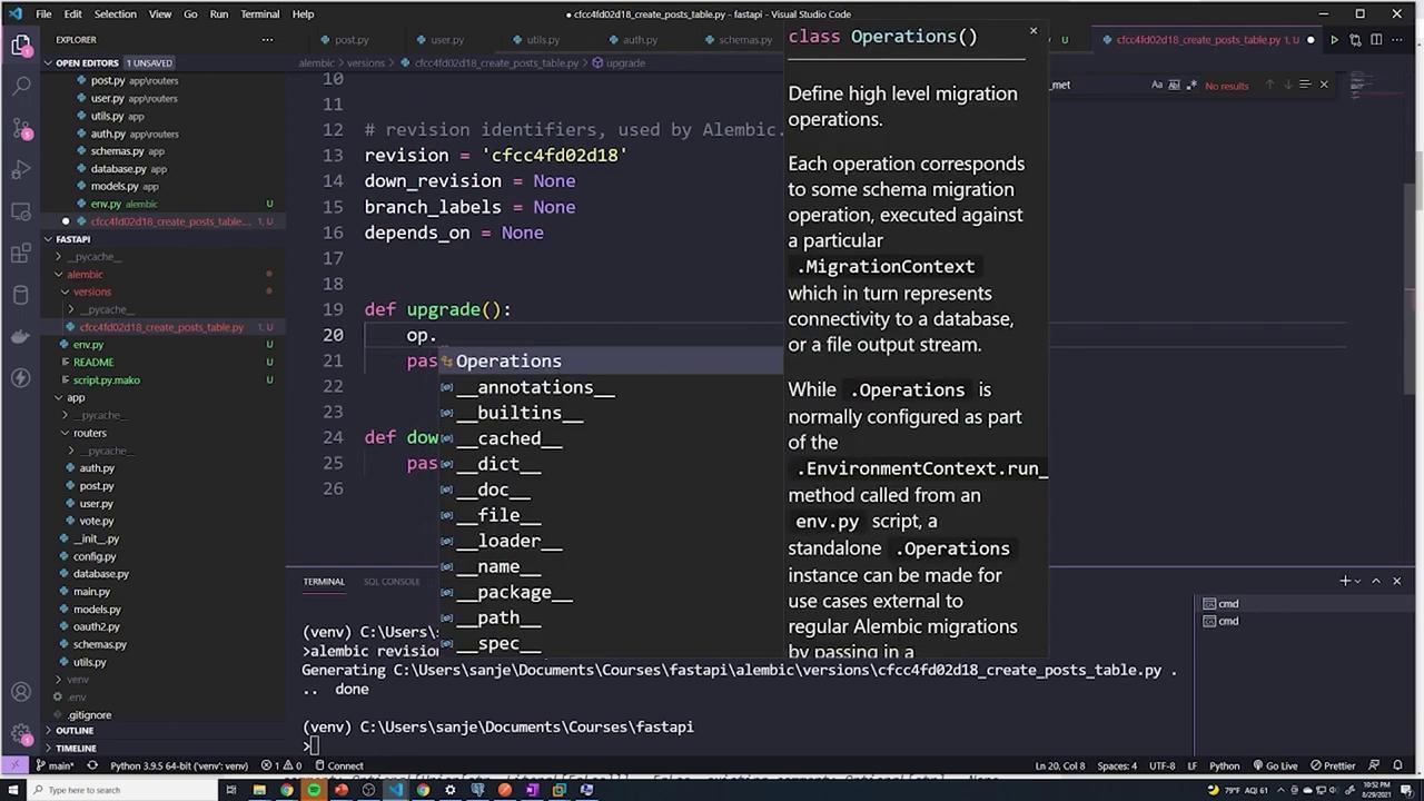 The image shows a Visual Studio Code interface with Python code for a database migration script using Alembic. The code editor displays a function definition, and a tooltip provides information about the `Operations` class.