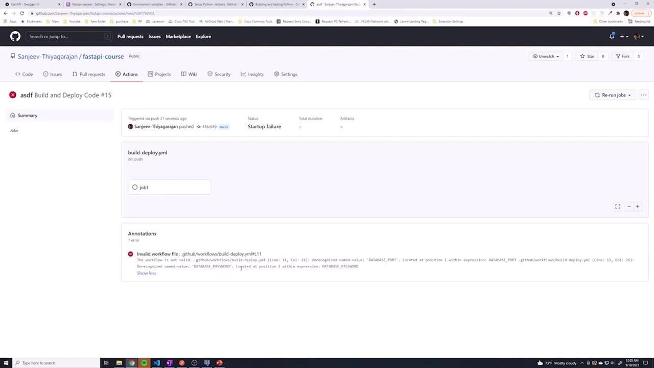The image shows a GitHub Actions page with a build and deploy workflow that has failed due to an invalid workflow file error related to unrecognized named values.