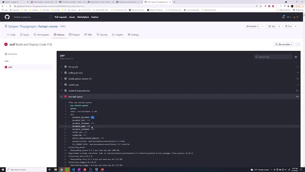 The image shows a GitHub Actions interface with a failed job titled "job1" that includes steps like setting up a job, pulling a git repo, installing Python, and testing with pytest. The log details show environment variables and the installation of pytest.