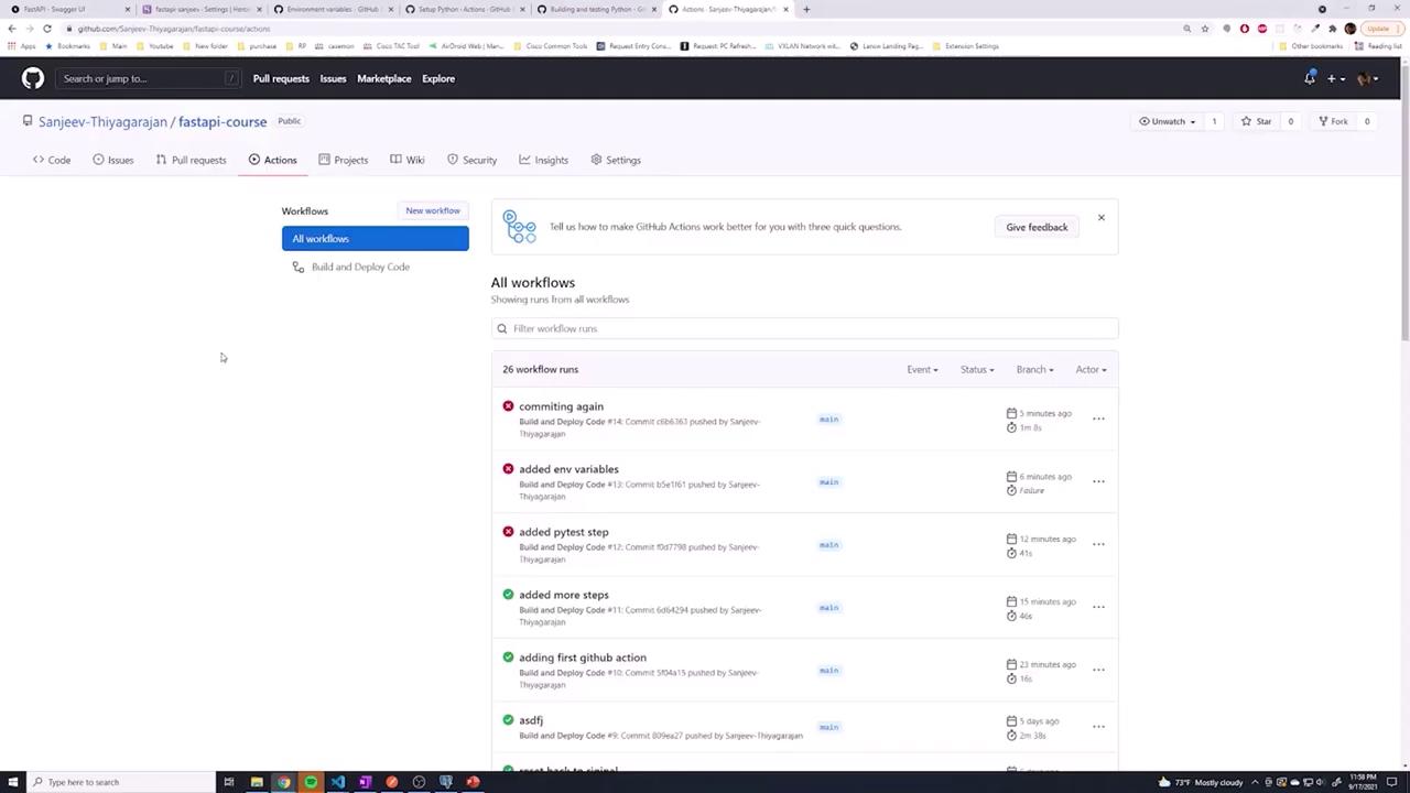 The image shows a GitHub Actions page for a repository, displaying a list of workflow runs with their statuses and timestamps.