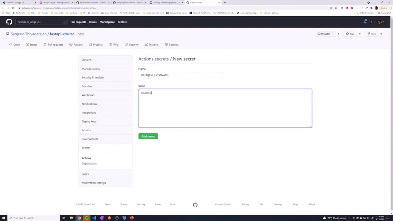 The image shows a GitHub repository settings page where a new secret is being added under "Actions secrets." The secret name is "DATABASE_HOSTNAME" with the value "localhost."