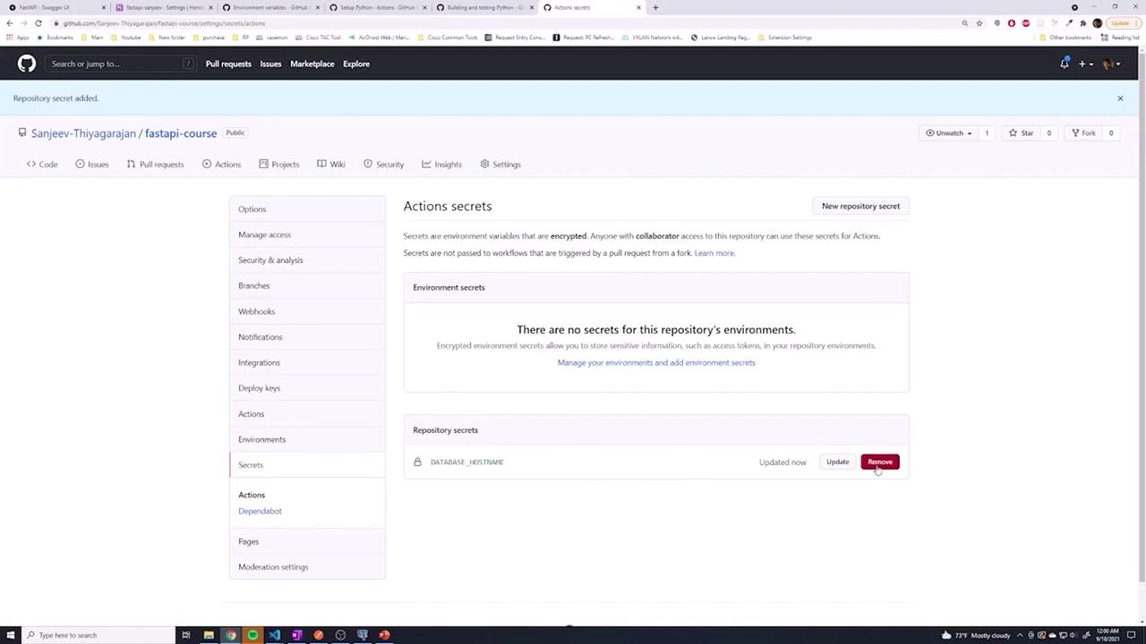 The image shows a GitHub repository settings page focused on "Actions secrets," with options to manage environment and repository secrets. The page indicates there are no environment secrets, but a repository secret named "DATABASE_HOSTNAME" is listed.